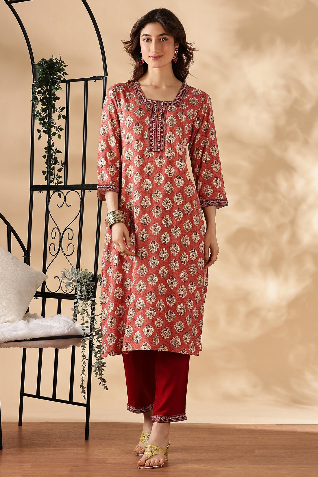 Shamaira Rust Ethnic Printed Salwar Suit with Thread Embroidered Neck Panel in Viscose