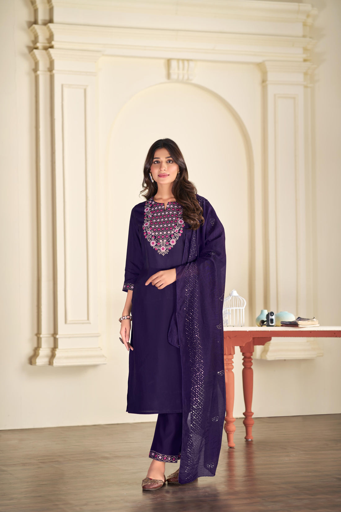 Samira Purple Multi-Color Floral & Jaali Embroidered Yoke Kurta Set with Sequin Work Dupatta in Chanderi Silk with Cotton Mul Lining