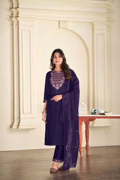 Samira Purple Multi-Color Floral & Jaali Embroidered Yoke Kurta Set with Sequin Work Dupatta in Chanderi Silk with Cotton Mul Lining