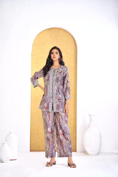 Modal Chanderi Saumya Muave Printed Co-Ord Set with Hand Beaded Placket and Sleeve Detailing