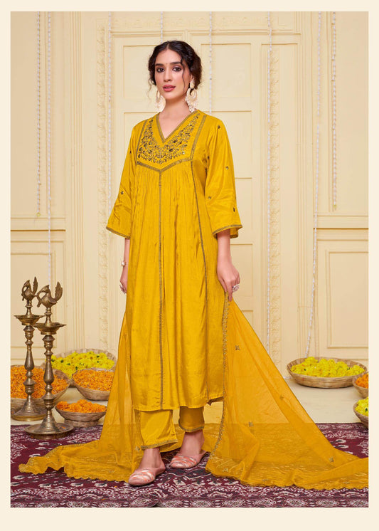 Praniti Viscose Mustard Kurta Set with Dupatta - BulBul