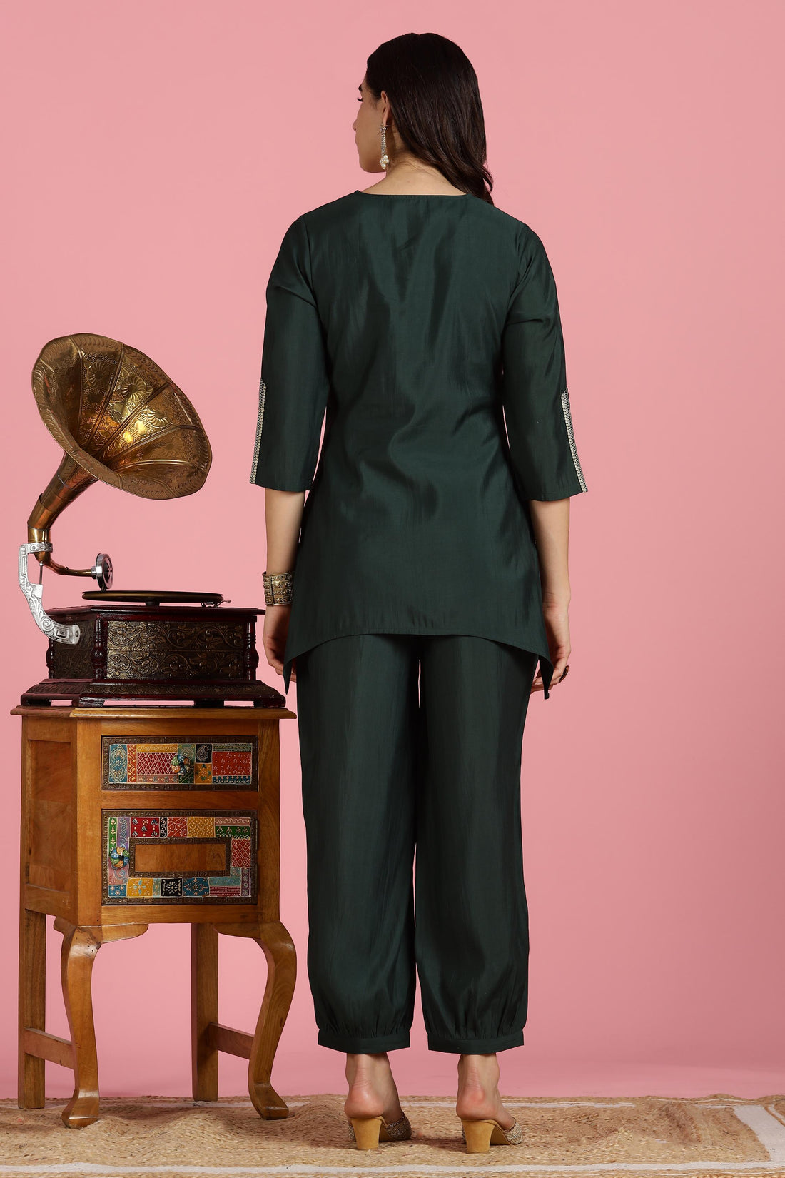 Dark Green Solid Chanderi Silk Kurta Set with Zari Thread Embroidered Yoke and Coin Embellishment Detailing