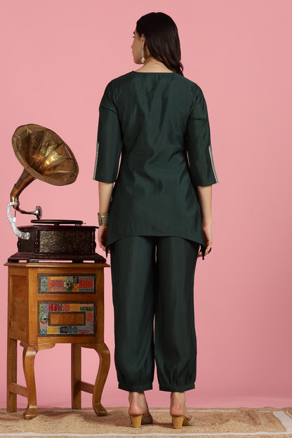 Dark Green Solid Chanderi Silk Kurta Set with Zari Thread Embroidered Yoke and Coin Embellishment Detailing