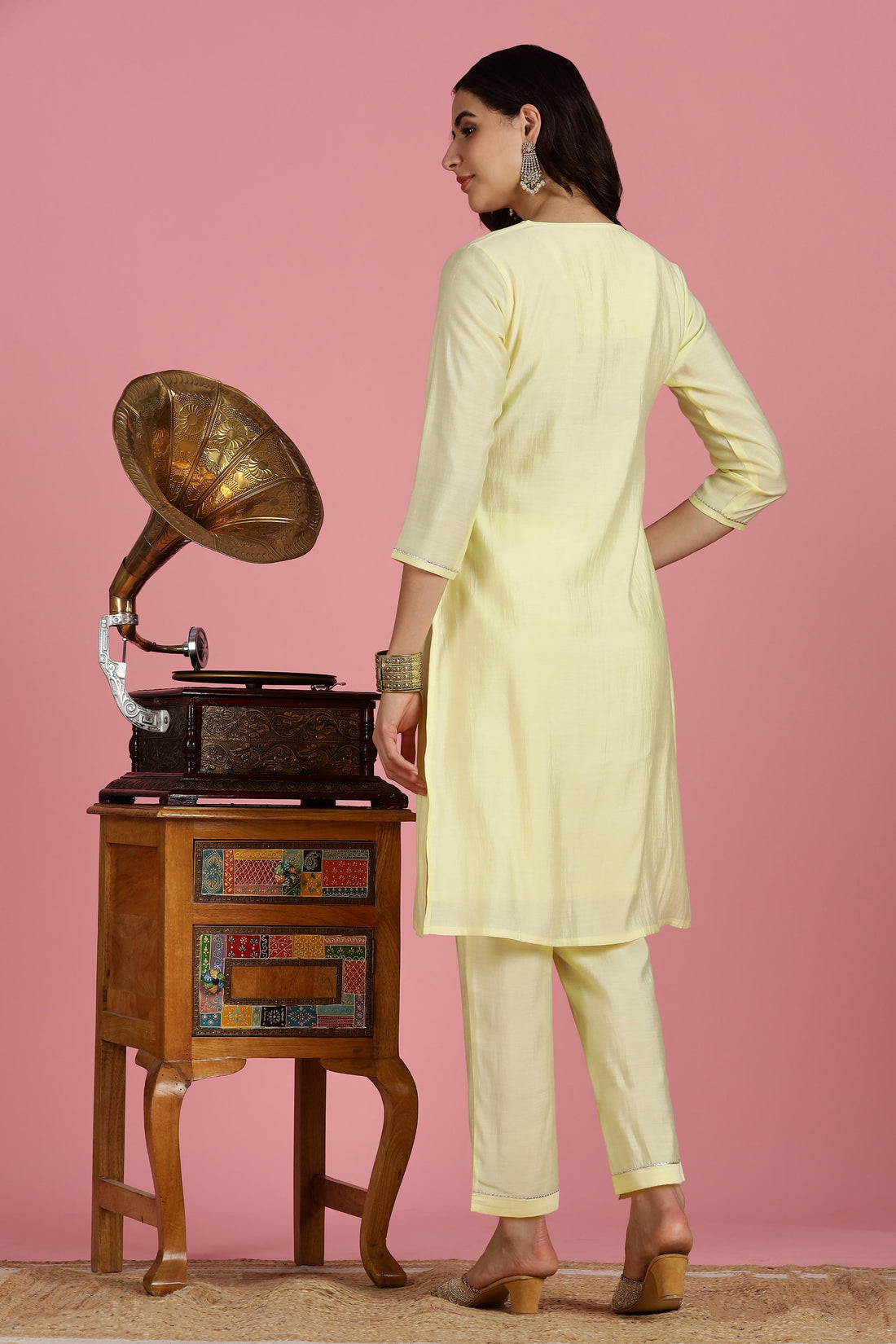Butter Yellow Chanderi Silk Kurta Set with Resham Zari Floral Embroidered Yoke and Printed Organza Dupatta