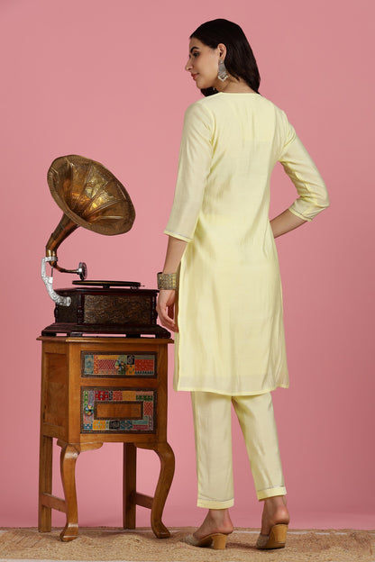 Butter Yellow Chanderi Silk Kurta Set with Resham Zari Floral Embroidered Yoke and Printed Organza Dupatta