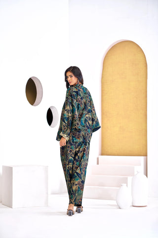 Mehzabin Teal Modal Chanderi Co-Ord Set with Zari Embroidered Sequin Cuffs and Statement Bell Sleeves