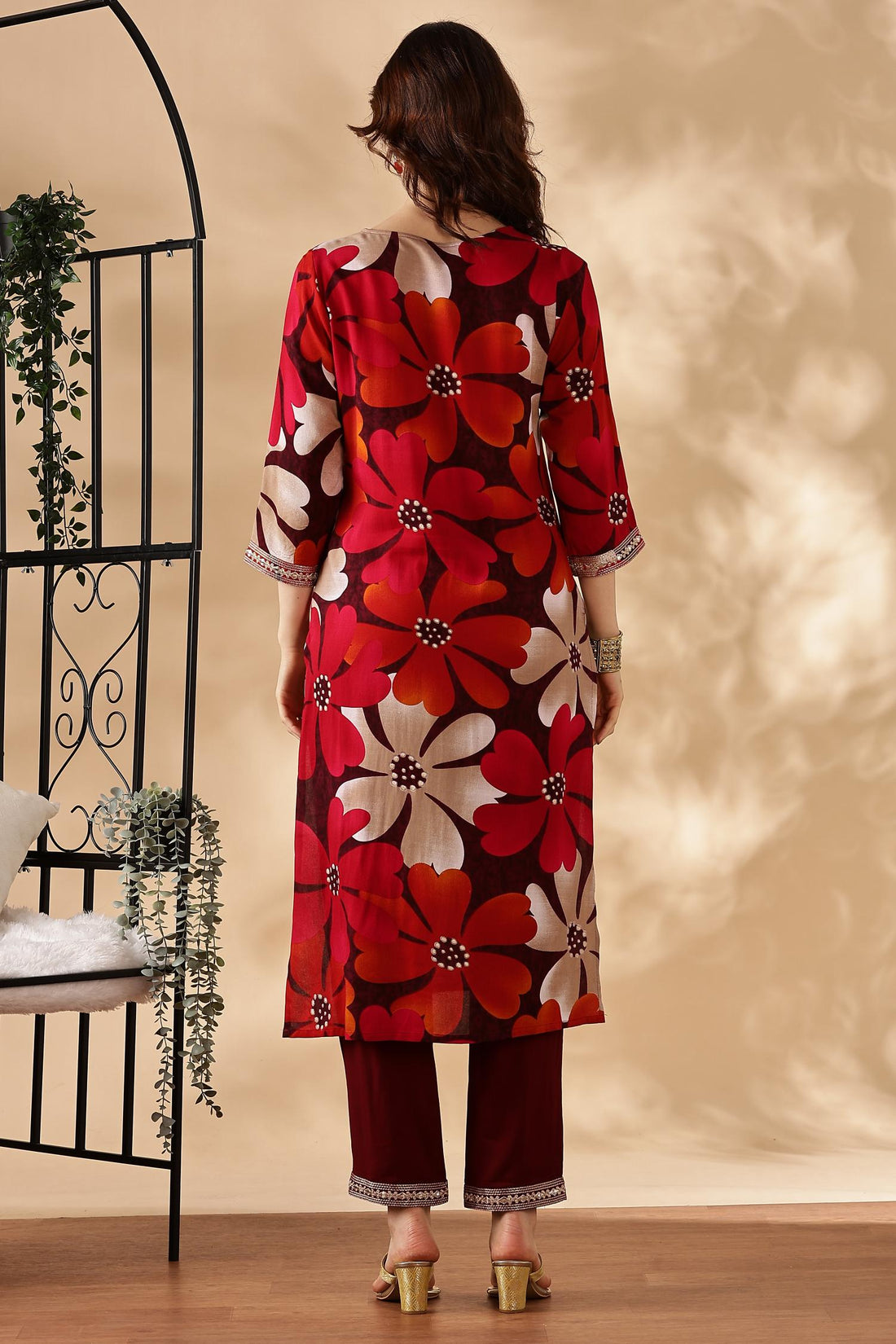 Roli Floral Printed Red Salwar Suit with Handcrafted Zari & Mirror Embroidered Neckline in Viscose