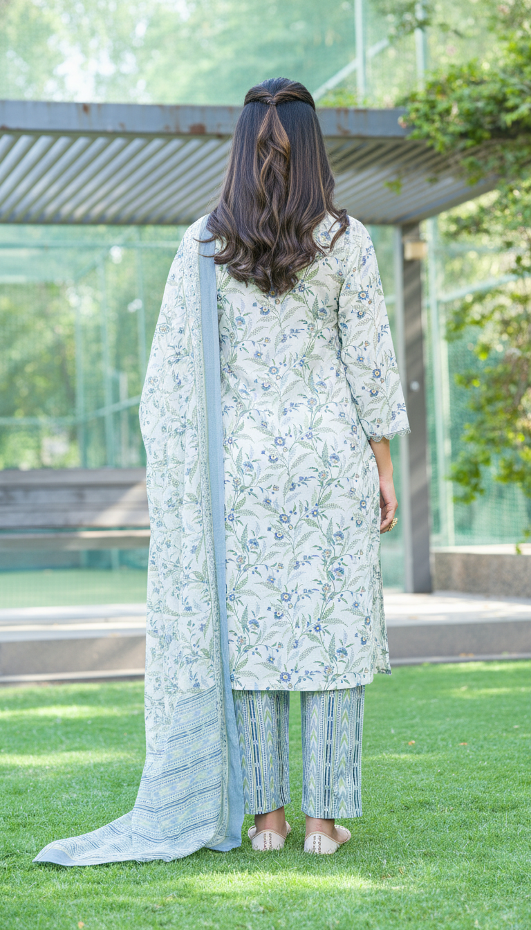 Pure Cotton Fashionista Blue Floral Printed Kurta Set with Mirror & Thread Embroidered Neckline