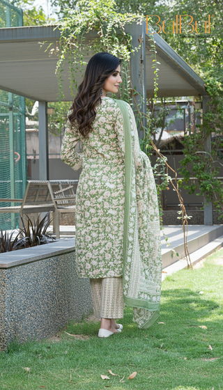 Pure Cotton Green Printed Kurta Set with Floral Sequin Highlights & Dupatta