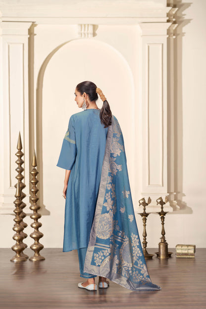 Shruti Iceblue Silk Kurta Set with Dupatta - BulBul