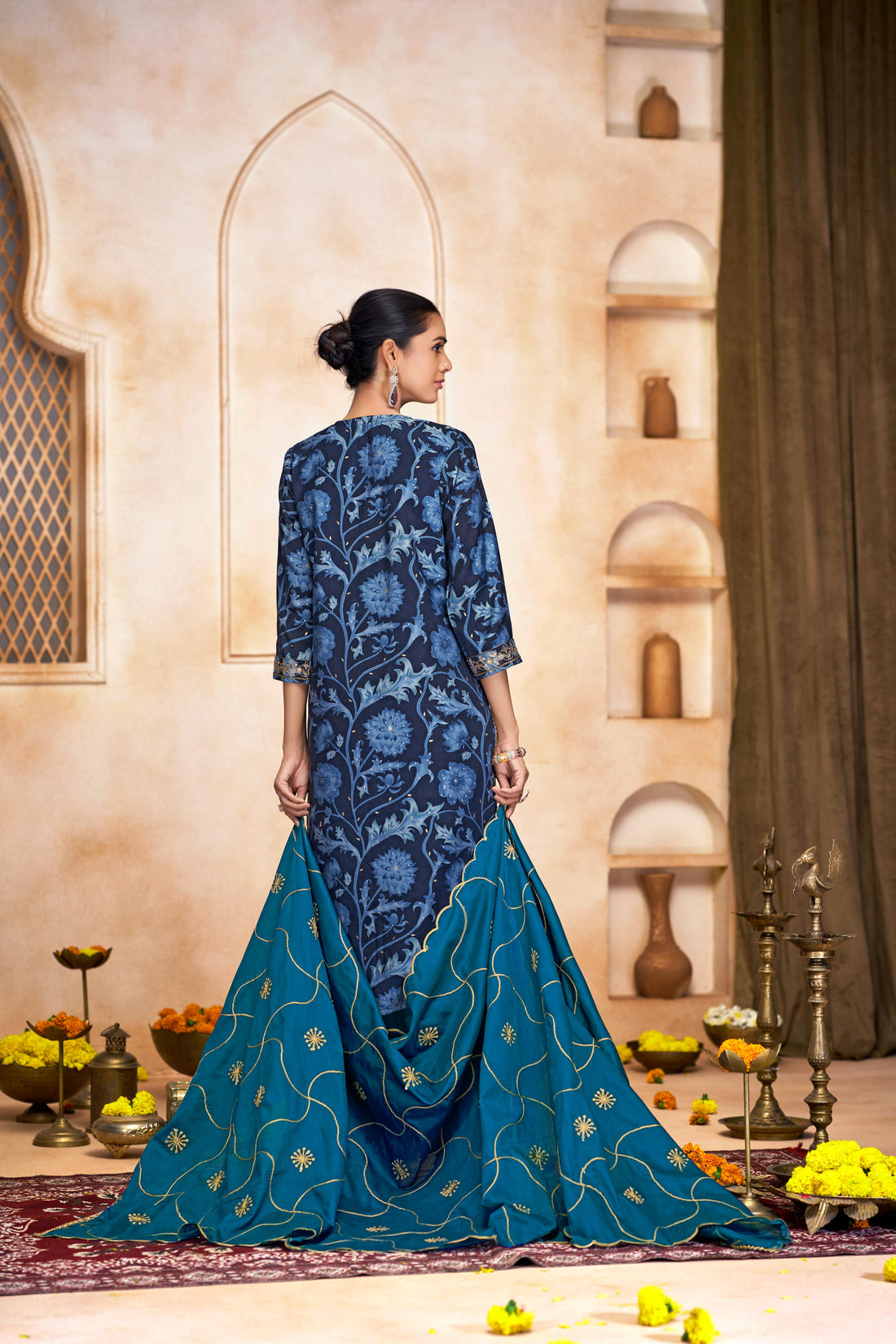 Rashmi Navy Hand Sequins and Bead Embellished Neckline and Zari Work Suit Set in Chanderi Silk with Pure Cotton Mul Lining