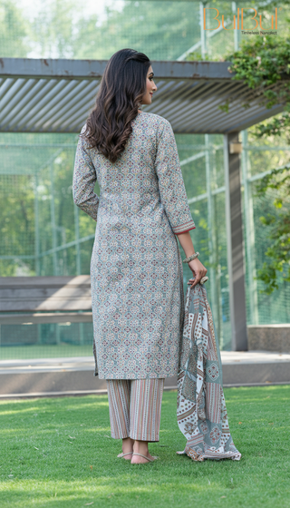 Pure Cotton Fashionista Grey Printed Kurta Set with Thread Embroidery, Mirror & Sequin Detailed Neck Panel and Dupatta