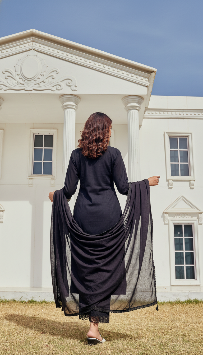 Samantha Black Pure Cotton Linen Kurta Set with Chikankari Floral Embroidered Neckline and Cotton Mul Lining