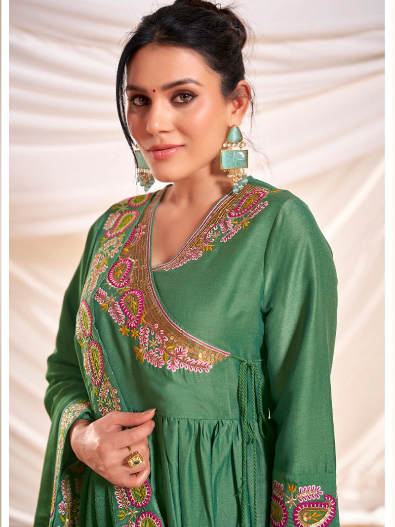 BulBul Women Green Embroidered Premium Silk Angrakha Pattern Flare Suit With Dupatta