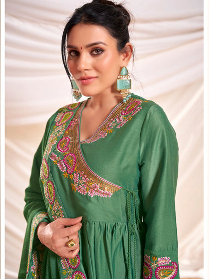 Kayra Green Paisley Hand-Embroidered & Coin Sequin Work Angrakha Suit Set in Chinnon Silk with Cotton Mul Lining