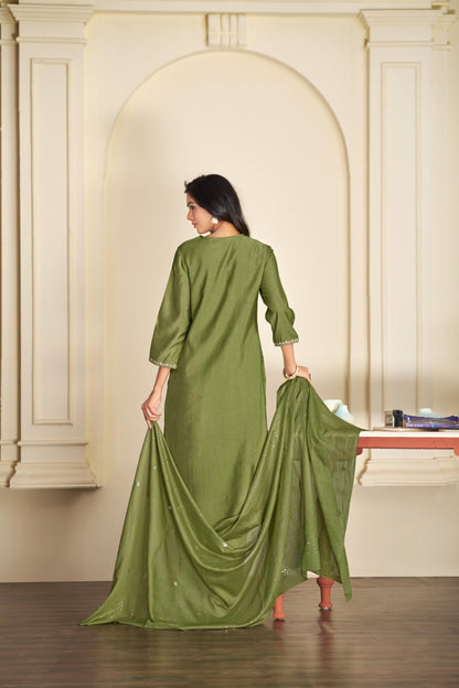 Preksha Olive Green Multi-Color Floral Embroidered Kurta Set with Hand Sequin Work & Sequin Dupatta in Chanderi Silk with Cotton Mul Lining