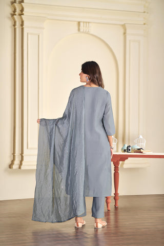 Aadvi Grey Handcrafted Sequin & Thread Embroidered Yoke Design Salwar Suit with Sequin Dupatta in Chanderi Silk with Cotton Mul Lining