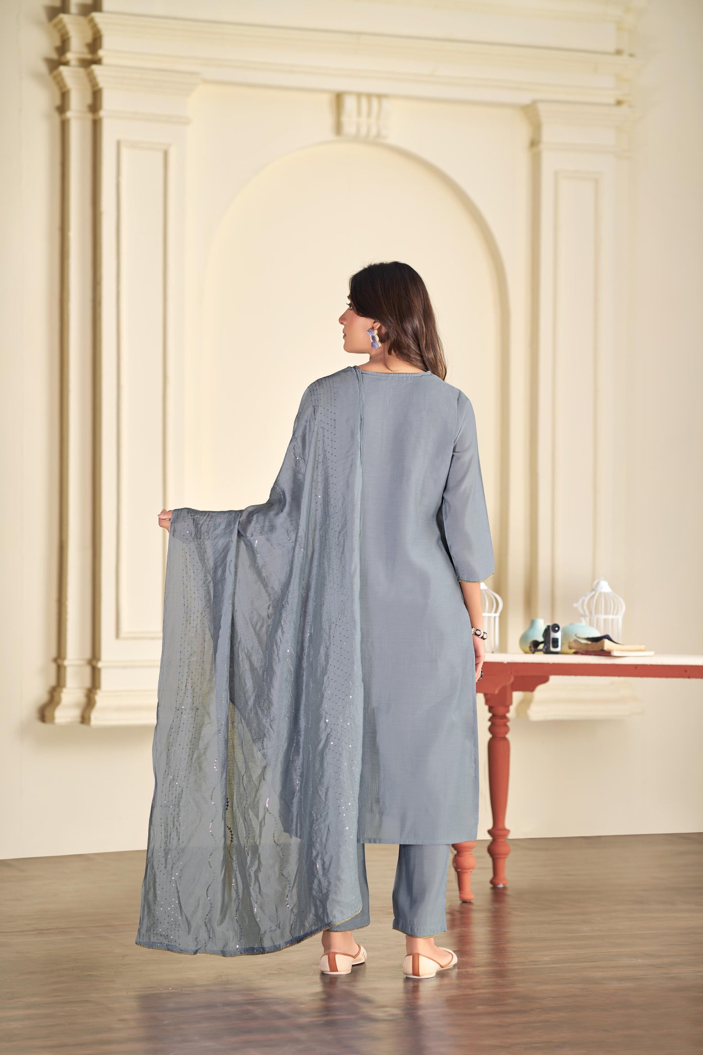 BulBul Aadvi Solid Grey Embroidered Roman Silk  Salwar Suit