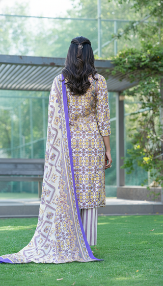 Pure Cotton Mustard Printed Kurta Set with Subtle Sequin Detail & Dupatta