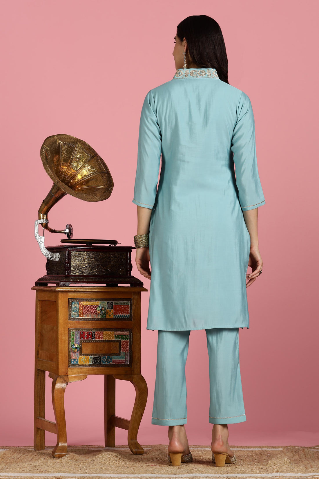 Sky Blue Chanderi Silk Kurta Set with Zari Embroidered Neckline, Sequin Detailing and Cotton Mul Lining