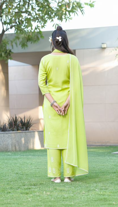 Akshyani Green Embroidered Viscose Kurta Set with Intricate White Chikankari Style Detailing and Dupatta