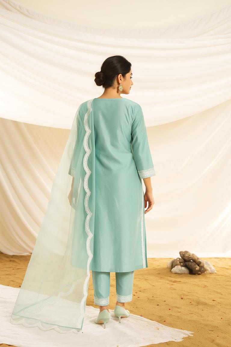 BulBul Women Kayra Aqua Embroidered Premium Silk Suit Set With Dupatta