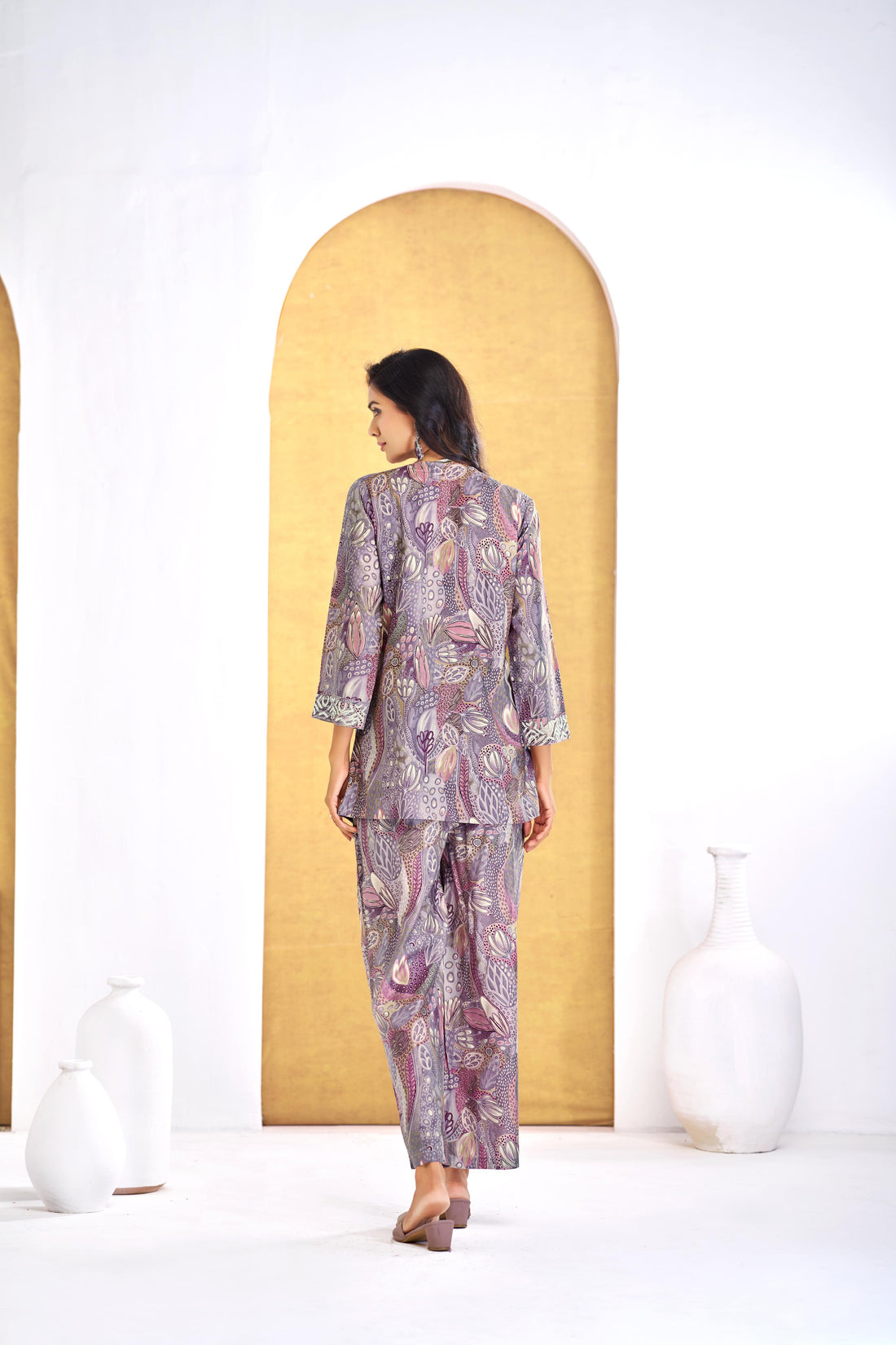Modal Chanderi Saumya Muave Printed Co-Ord Set with Hand Beaded Placket and Sleeve Detailing