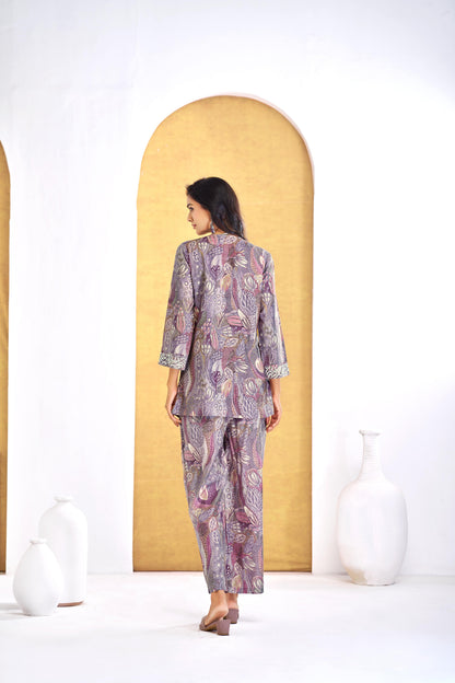 Modal Chanderi Saumya Muave Printed Co-Ord Set with Hand Beaded Placket and Sleeve Detailing