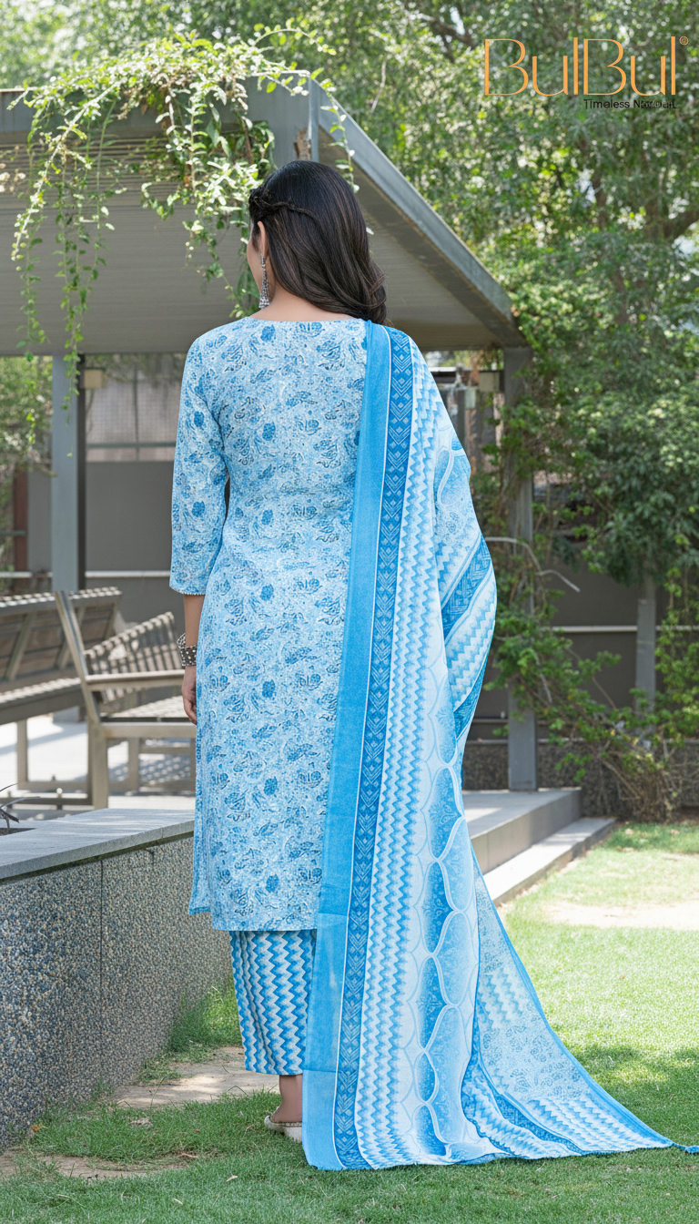 Pure Cotton Blue Floral Printed Kurta Set with Silver Zari Thread & Sequin Embroidered Placket