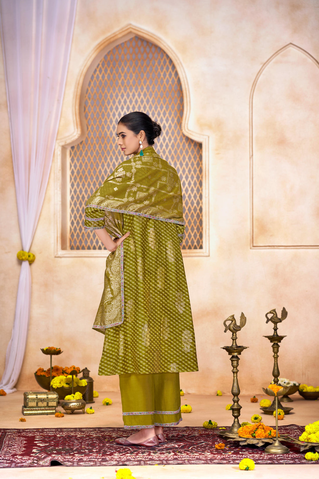 Rashmi Mehndi Green Hand Embellished Multicolor Bead and Sequins Work Suit Set in Chanderi Silk with Pure Cotton Mul Lining
