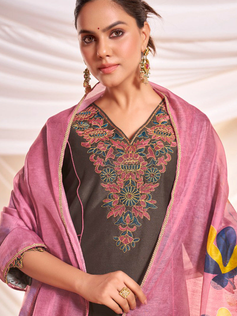 Kayra Brown Hand Bead-Finished Embroidered A-Line Suit Set in Chinnon Silk with Pure Cotton Mul Lining