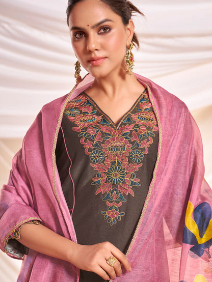 Kayra Brown Hand Bead-Finished Embroidered A-Line Suit Set in Chinnon Silk with Pure Cotton Mul Lining