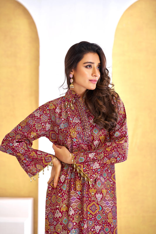 Pratiksha Red Printed Modal Chanderi Co-Ord Set with Hand Embellished Mirror Placket and Pearl Drop Latkan Detailing