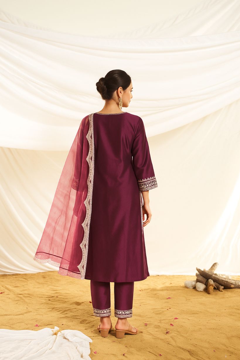 BulBul Women Kayra Wine Embroidered Premium Silk Suit Set With Dupatta