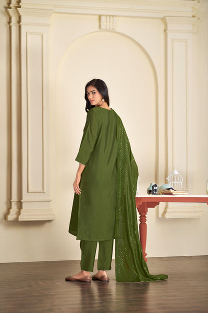 Aadvi Green Handcrafted Sequin & Thread Embroidered Yoke Design Salwar Suit with Sequin Dupatta in Chanderi Silk with Cotton Mul Lining