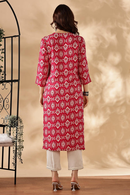 Sagarika Printed Red & Off White Salwar Suit with Hand Embroidered Mirror Work Neckline in Viscose