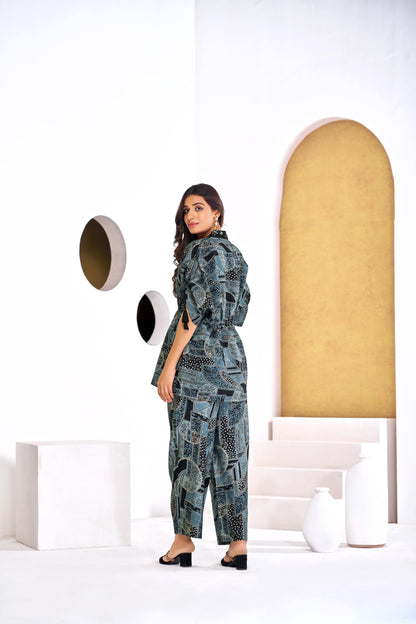 Hetal Black Heritage Print Modal Chanderi Co-Ord Set with Bead, Patti Sequin and Crystal Appliqué Neckwork