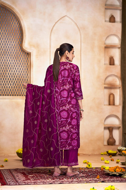 Rashmi Pink Hand Sequins and Bead Embellished Neckline and Zari Work Suit Set in Chanderi Silk with Pure Cotton Mul Lining