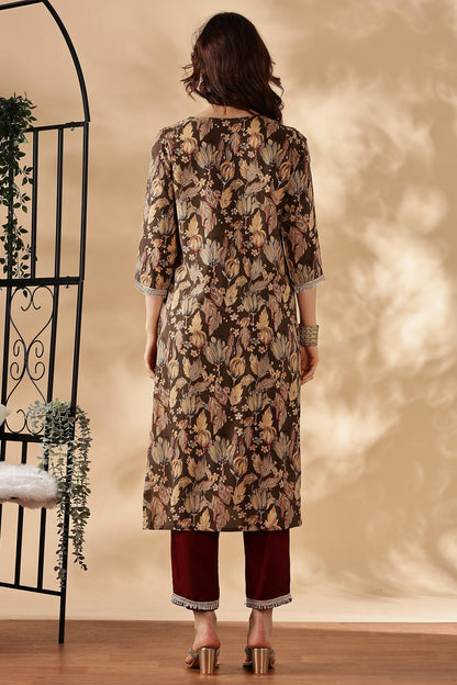 Areba Wine & Teal Printed Salwar Suit with Intricate Zari Lattice Hand Embroidery Neck Panel in Viscose