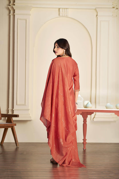 Mira Rust Silk Kurta Set with Dupatta - BulBul