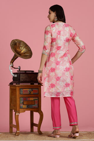 Blush Pink Floral Kota Doriya Kurta Set with Zari & Sequin Hand Embellished Neckline and Cotton Mul Lining