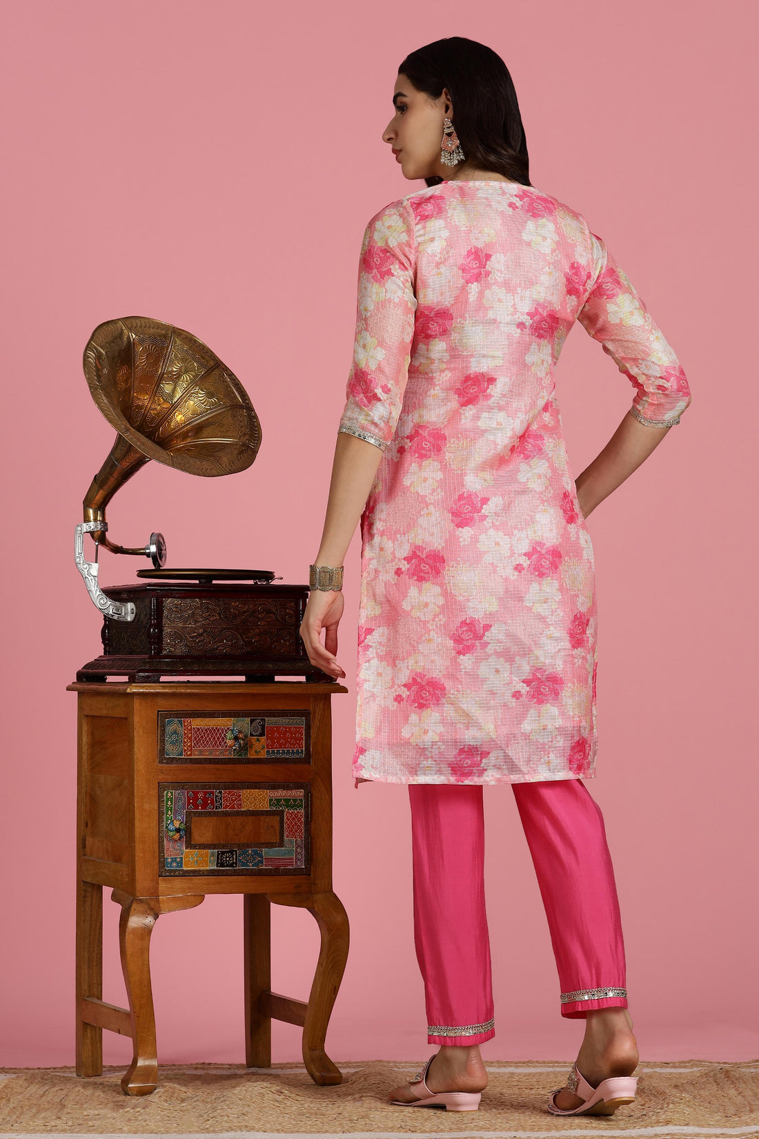 Blush Pink Floral Kota Doriya Kurta Set with Zari & Sequin Hand Embellished Neckline and Cotton Mul Lining