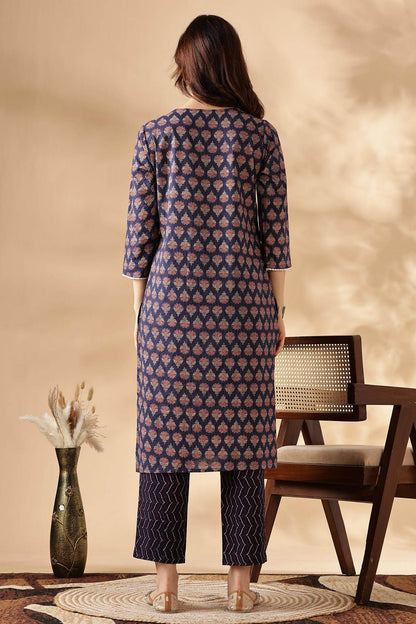Navy Cotton Abstract Kurta Set with Dupatta - BulBul