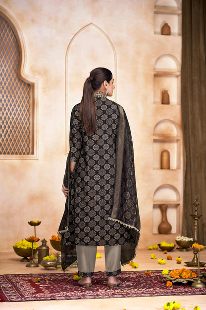 Rashmi Black Ethnic Motif Print Hand Embellished, Sequins and Bugle Bead Work Suit Set in Chanderi Silk with Pure Cotton Mul Lining
