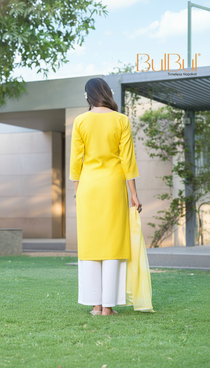 Pooja Sunshine Yellow Viscose Kurta Set with Lucknowi Style White Paisley Embroidery and Dupatta
