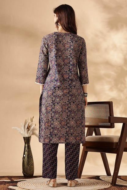 Cotton Navy Kurta Set with Dupatta - BulBul