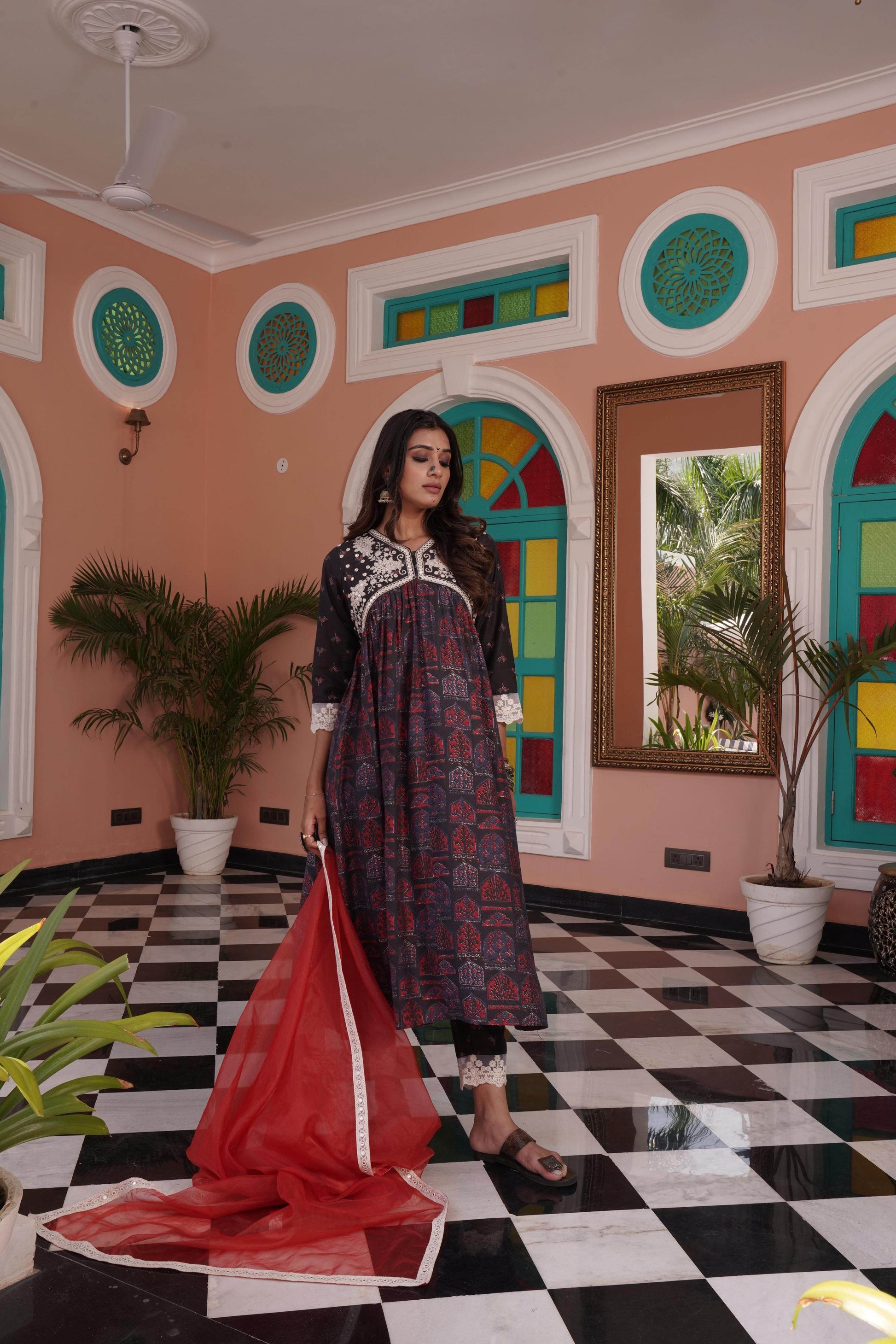 Bhumika Chanderi Red Kurta Set with Dupatta - BulBul