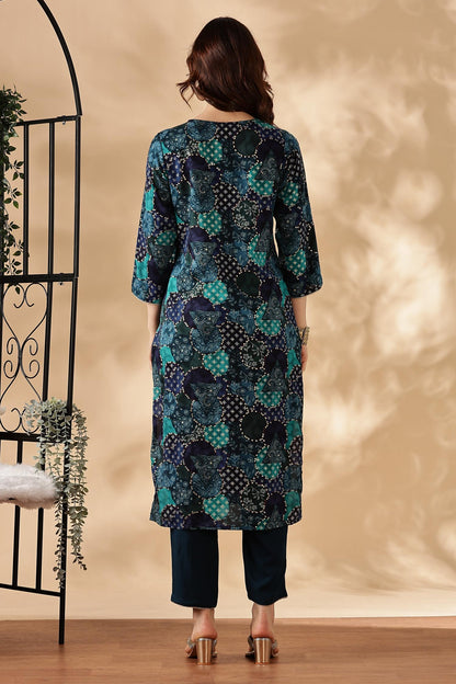 Kamolika Printed Aqua Salwar Suit with Hand Zari Thread Embroidered Neckline in Viscose