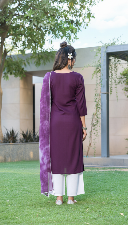 Pooja Purple Viscose Kurta Set with Lucknowi Style White Paisley Embroidery and Dupatta