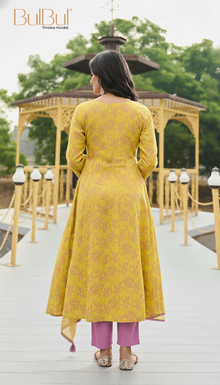 Printed Pure Karina Mustard Floral Cotton Kurta Set with Embroidered and Mirror Work Neckline, Tassel Detailing and Dupatta